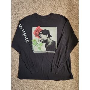 TUPAC SHAKUR 2PAC T-Shirt Men's XL Long Sleeve Rose Music Graphic Black Rap Tee